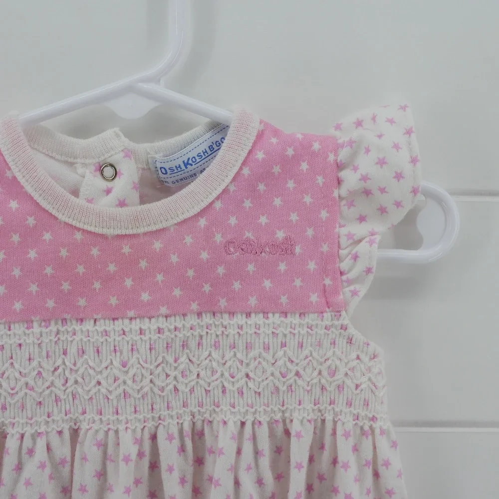 Vintage OshKosh B'Gosh Baby Girl Pink Star Smocked Bubble Romper 18 Months USA
